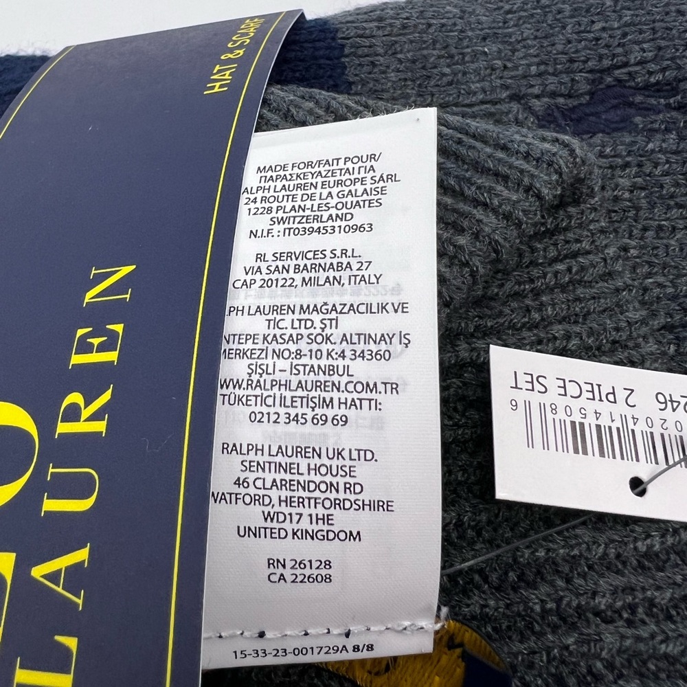 POLO RALPH LAUREN GREY AND NAVY BLUE BEANIE WITH MATCHING SCARF, UNISEX - Picture 13 of 14